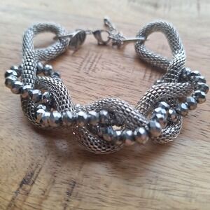 Lia‎ Sophia Silver Tone Chunky Mesh Bead Bracelet Adjustable Costume Jewelry